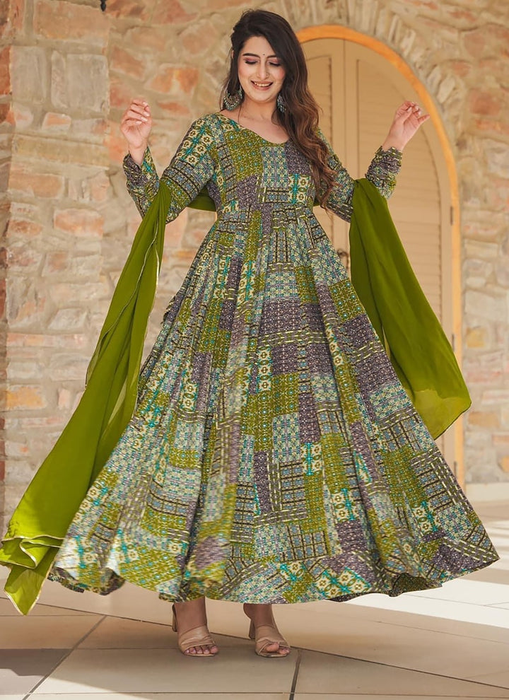 Lassya Fashion Olive Green Heavy Rayon Wedding Gown with Georgette Dupatta