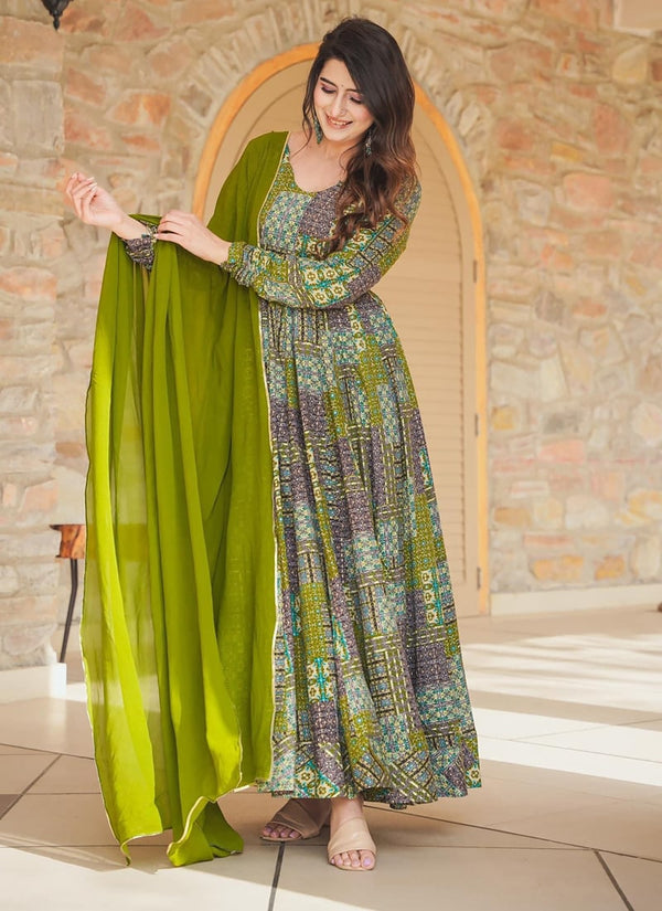 Lassya Fashion Olive Green Heavy Rayon Wedding Gown with Georgette Dupatta