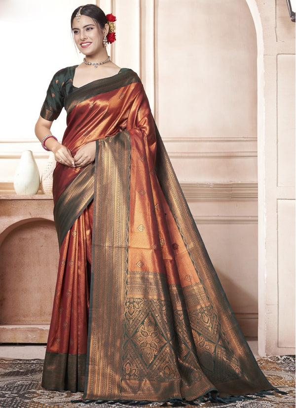 Lassya Fashion Copper Red Kanjivaram Silk Saree with Silk Blouse