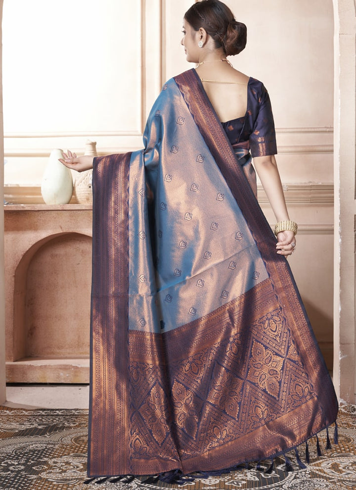 Lassya Fashion Peacock Blue Kanjivaram Silk Saree with Silk Blouse