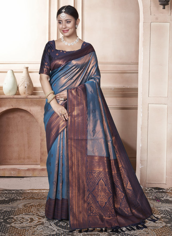 Lassya Fashion Peacock Blue Kanjivaram Silk Saree with Silk Blouse