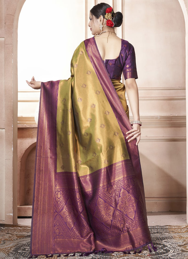 Lassya Fashion Golden and Purple Kanjivaram Silk Saree with Silk Blouse