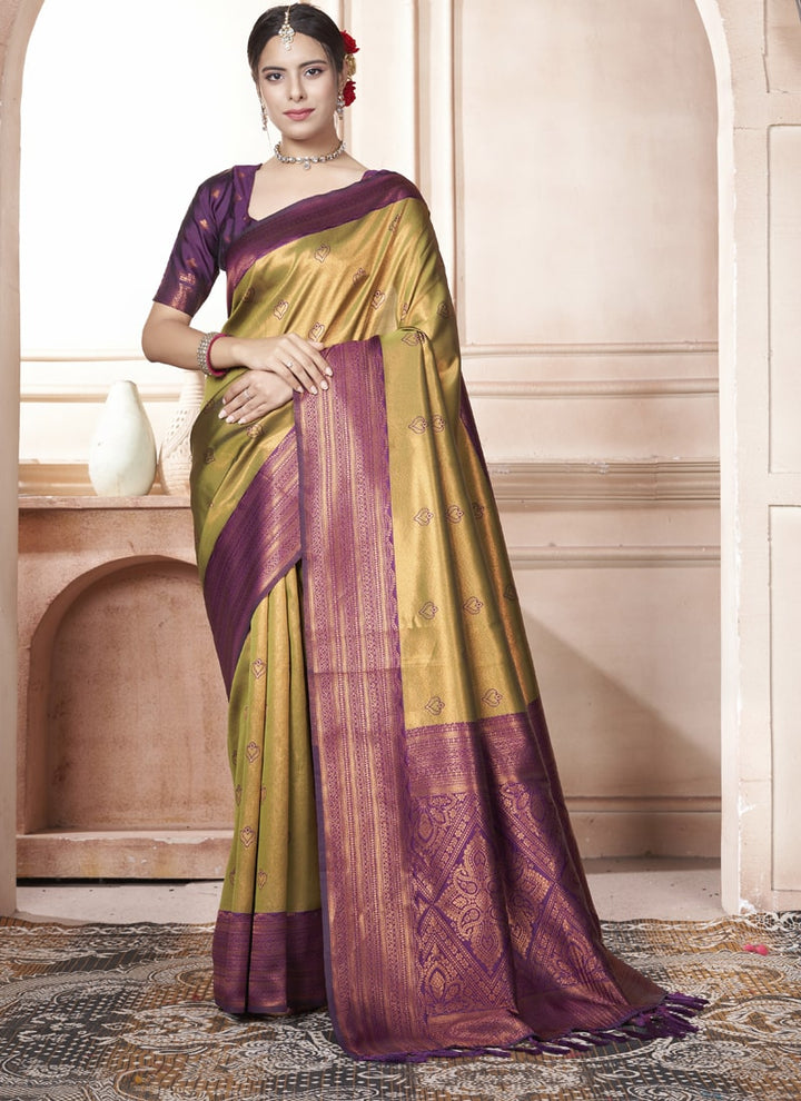 Lassya Fashion Golden and Purple Kanjivaram Silk Saree with Silk Blouse