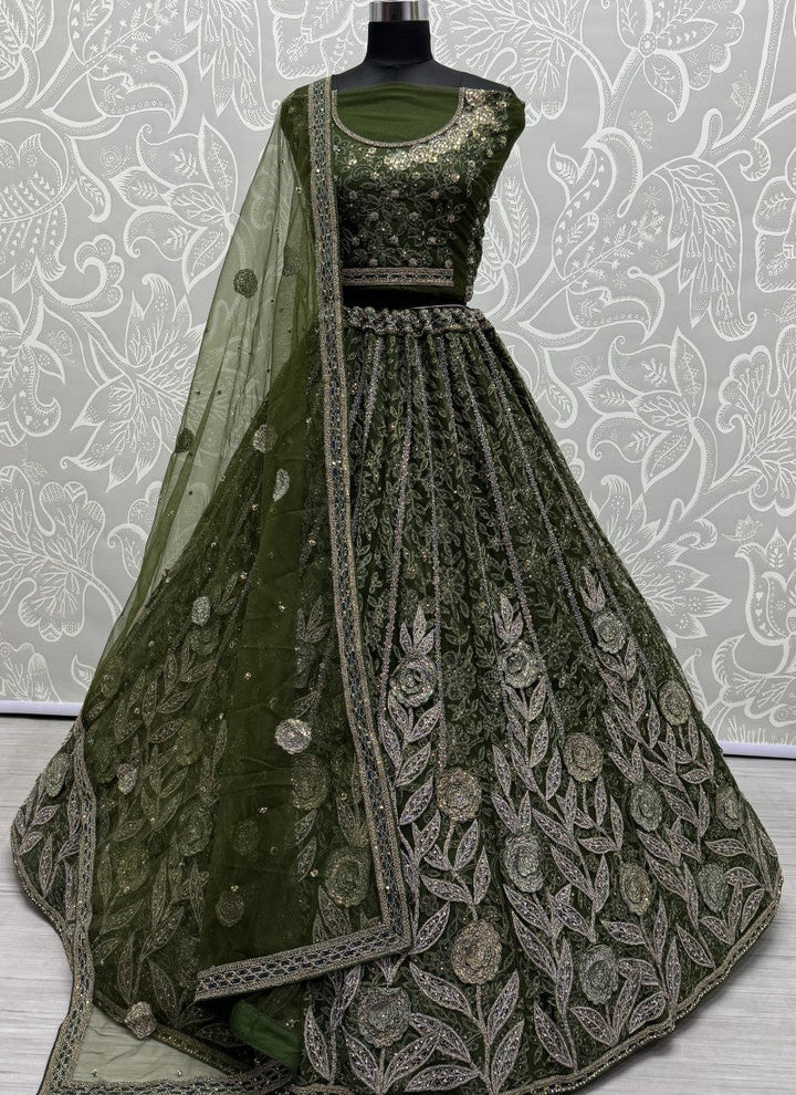 Lassya Fashion Olive Green Wedding Lehenga Dazzling with Embroidery Lace