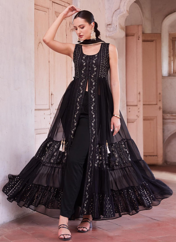 Lassya Fashion Midnight Black Indowestern Anarkali Suit Thread Zari Sequin Work