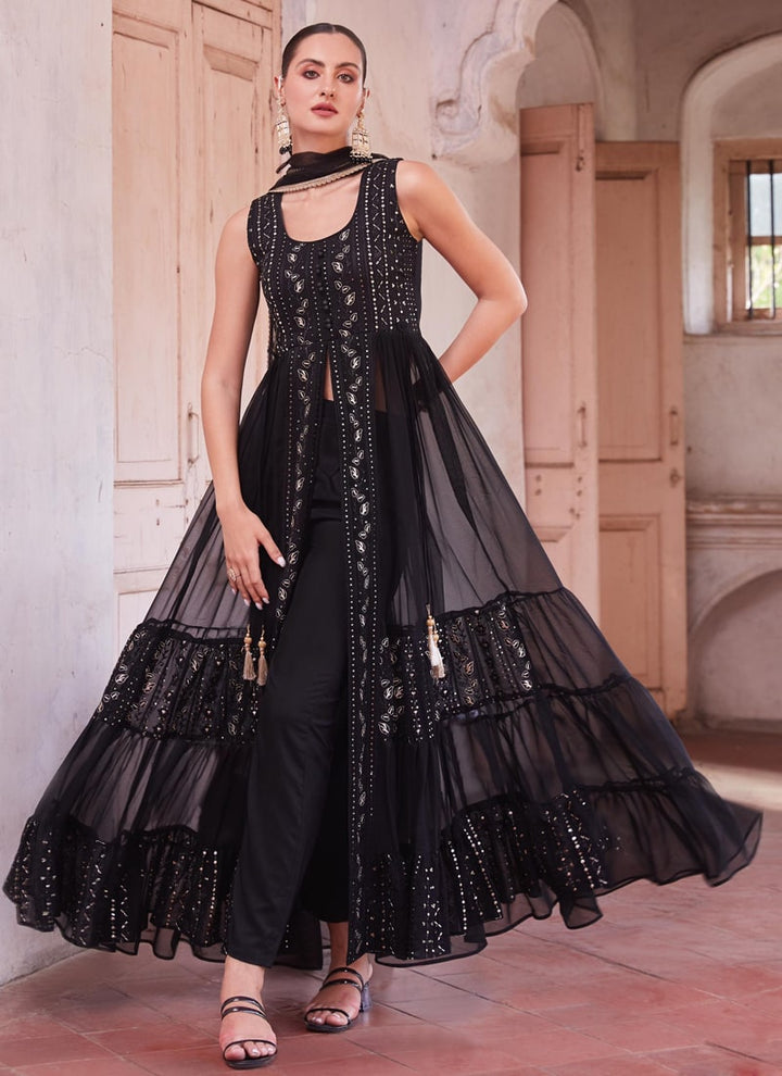 Lassya Fashion Midnight Black Indowestern Anarkali Suit Thread Zari Sequin Work