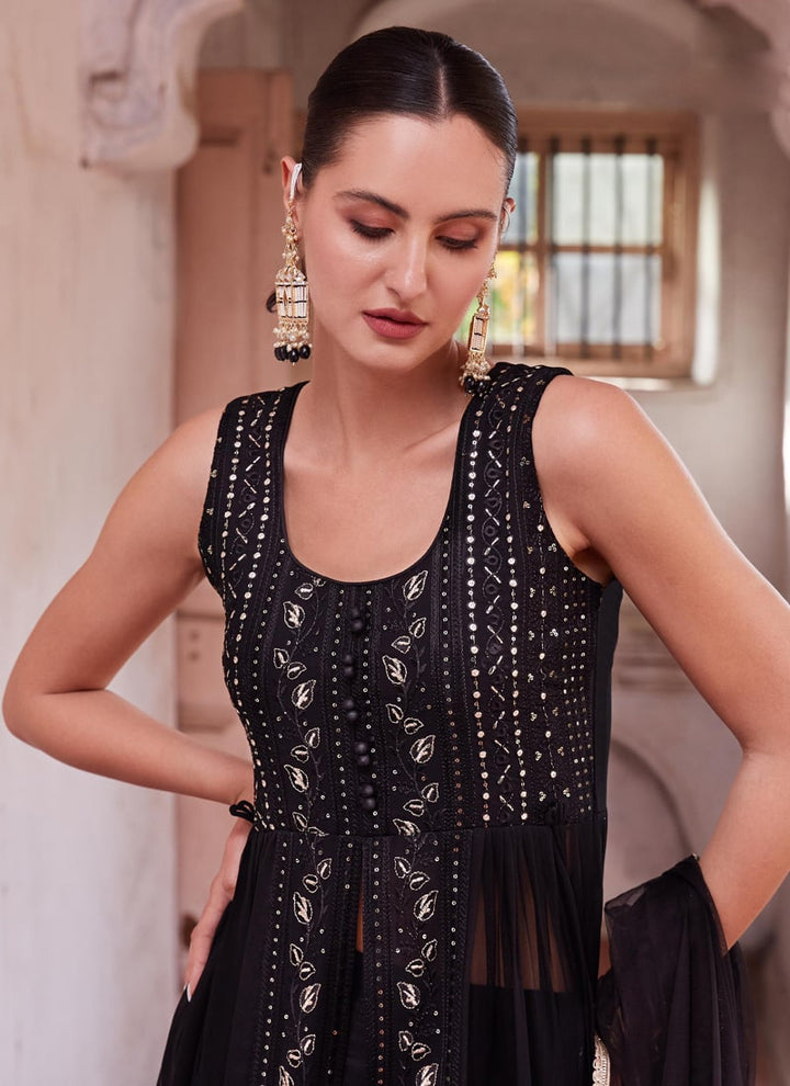 Lassya Fashion Midnight Black Indowestern Anarkali Suit Thread Zari Sequin Work