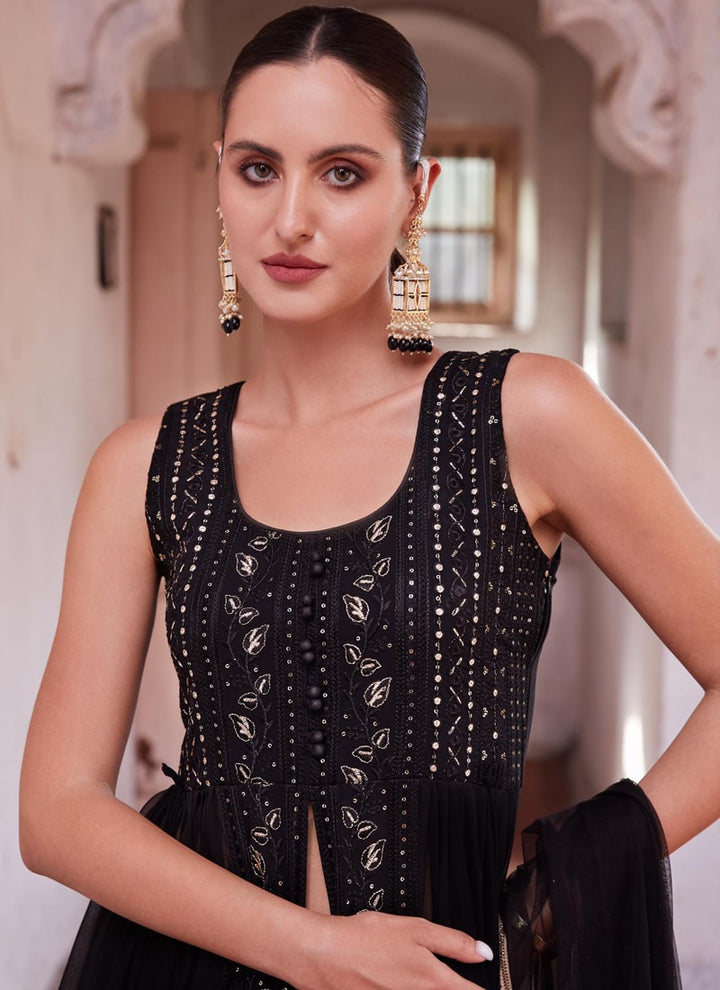 Lassya Fashion Midnight Black Indowestern Anarkali Suit Thread Zari Sequin Work