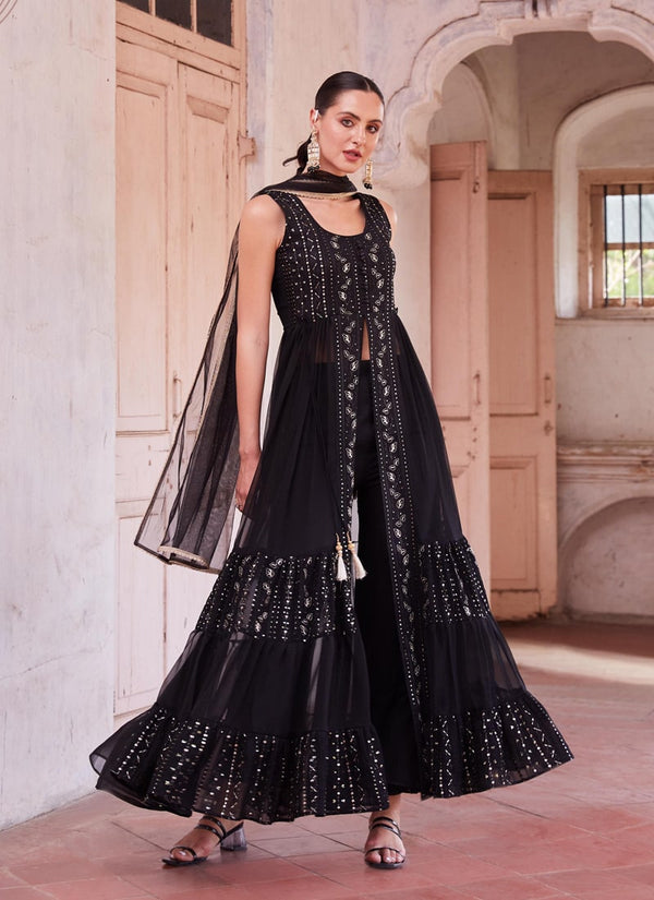 Lassya Fashion Midnight Black Indowestern Anarkali Suit Thread Zari Sequin Work