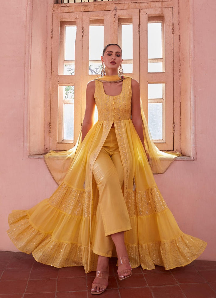 Lassya Fashion Canery Yellow Indowestern Anarkali Suit Thread Zari Sequin Work