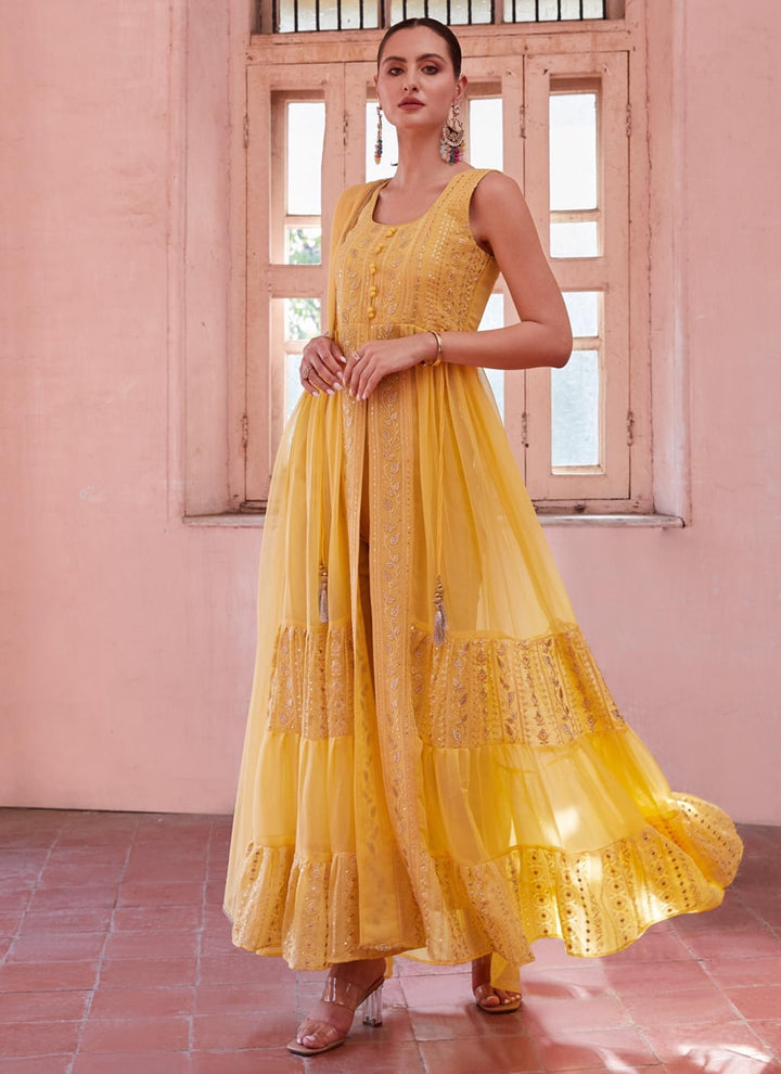 Lassya Fashion Canery Yellow Indowestern Anarkali Suit Thread Zari Sequin Work