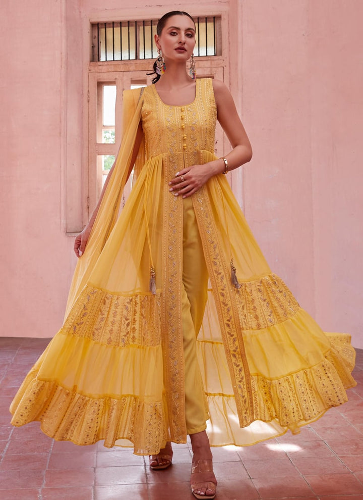 Lassya Fashion Canery Yellow Indowestern Anarkali Suit Thread Zari Sequin Work