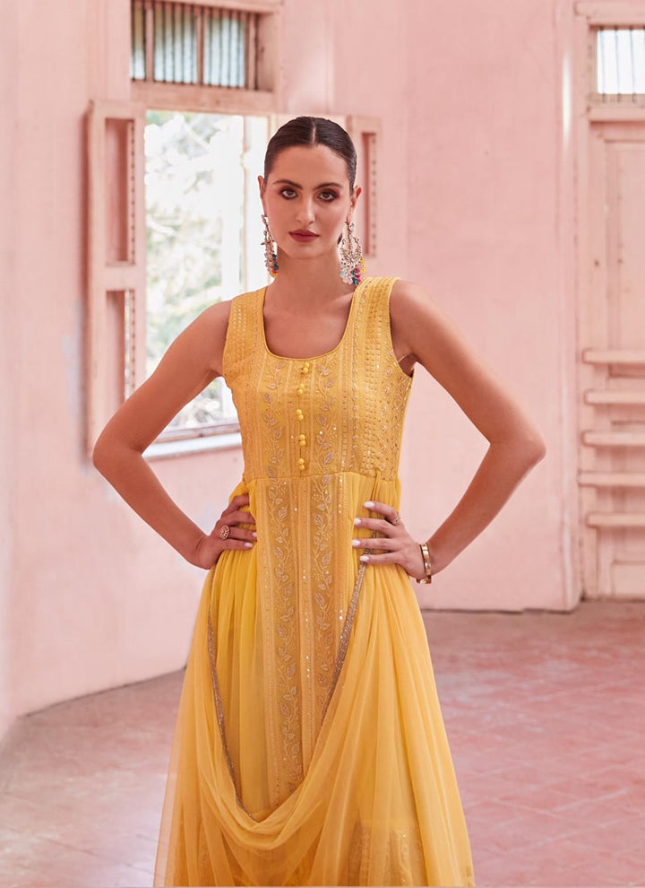 Lassya Fashion Canery Yellow Indowestern Anarkali Suit Thread Zari Sequin Work