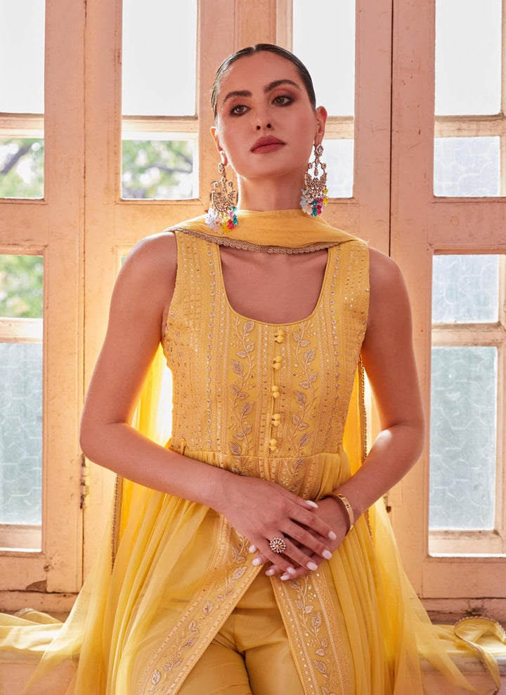 Lassya Fashion Canery Yellow Indowestern Anarkali Suit Thread Zari Sequin Work