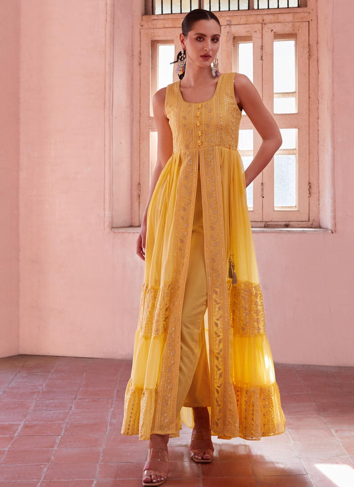 Lassya Fashion Canery Yellow Indowestern Anarkali Suit Thread Zari Sequin Work