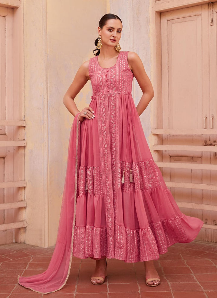 Lassya Fashion Baby Pink Indowestern Anarkali Suit Thread Zari Sequin Work