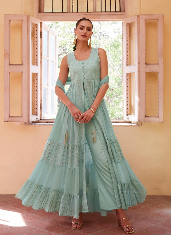 Lassya Fashion Sea green Indowestern Anarkali Suit Thread Zari Sequin Work