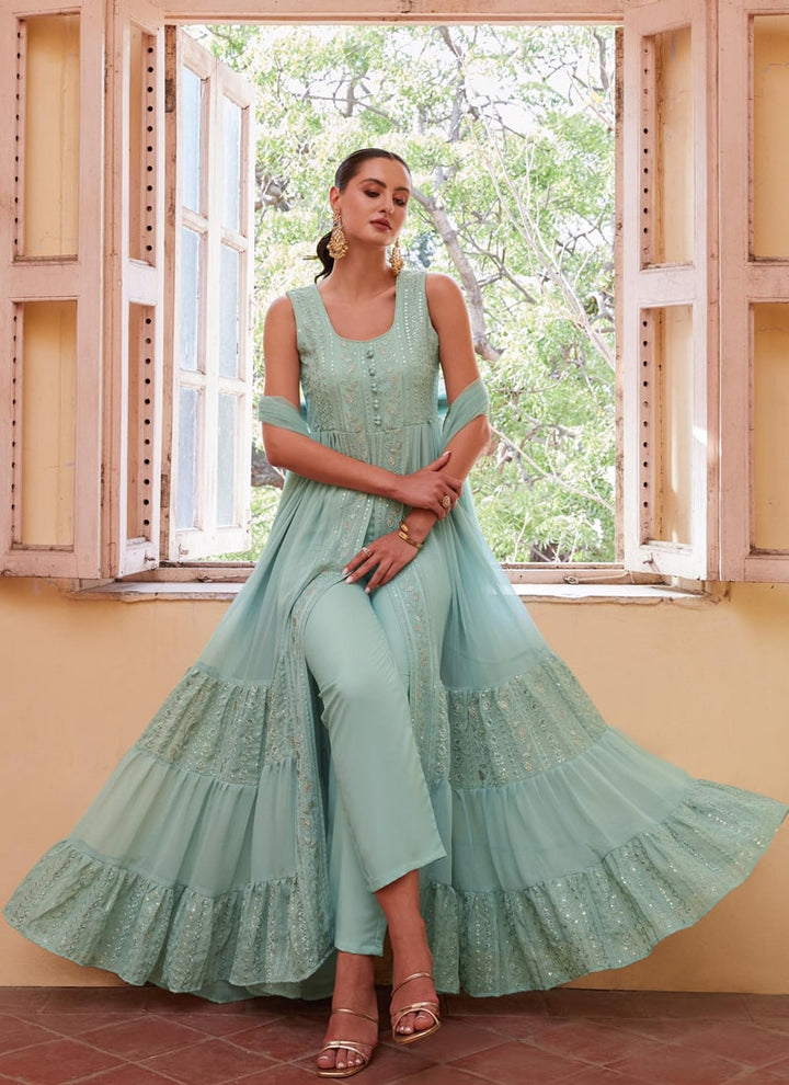 Lassya Fashion Sea green Indowestern Anarkali Suit Thread Zari Sequin Work