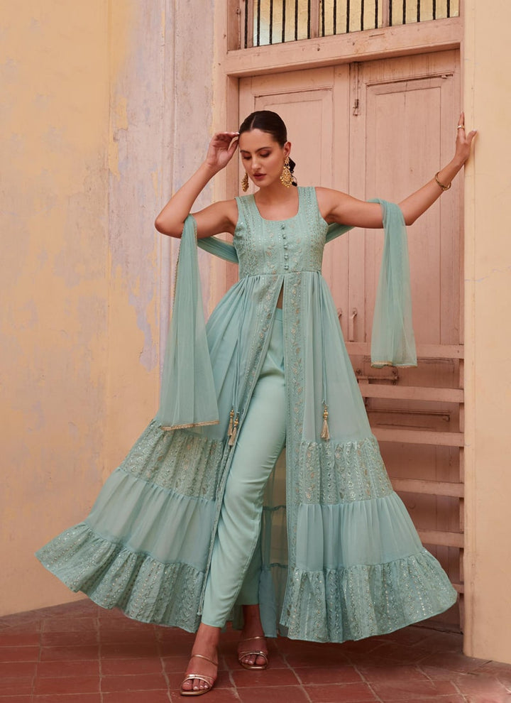 Lassya Fashion Sea green Indowestern Anarkali Suit Thread Zari Sequin Work