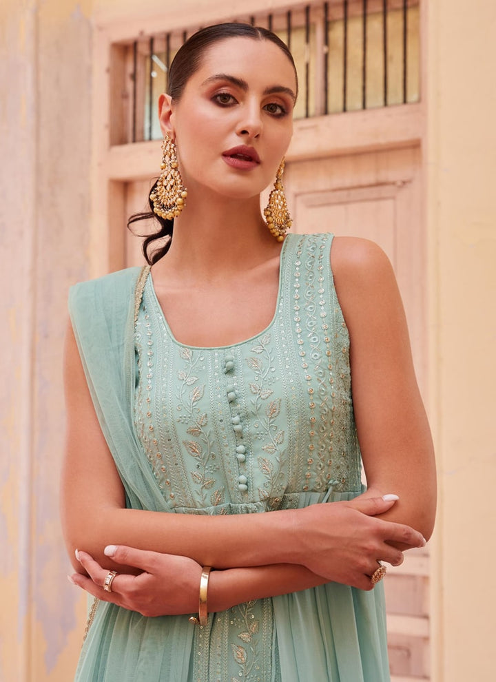 Lassya Fashion Sea green Indowestern Anarkali Suit Thread Zari Sequin Work