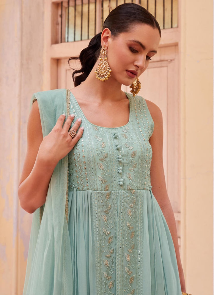 Lassya Fashion Sea green Indowestern Anarkali Suit Thread Zari Sequin Work