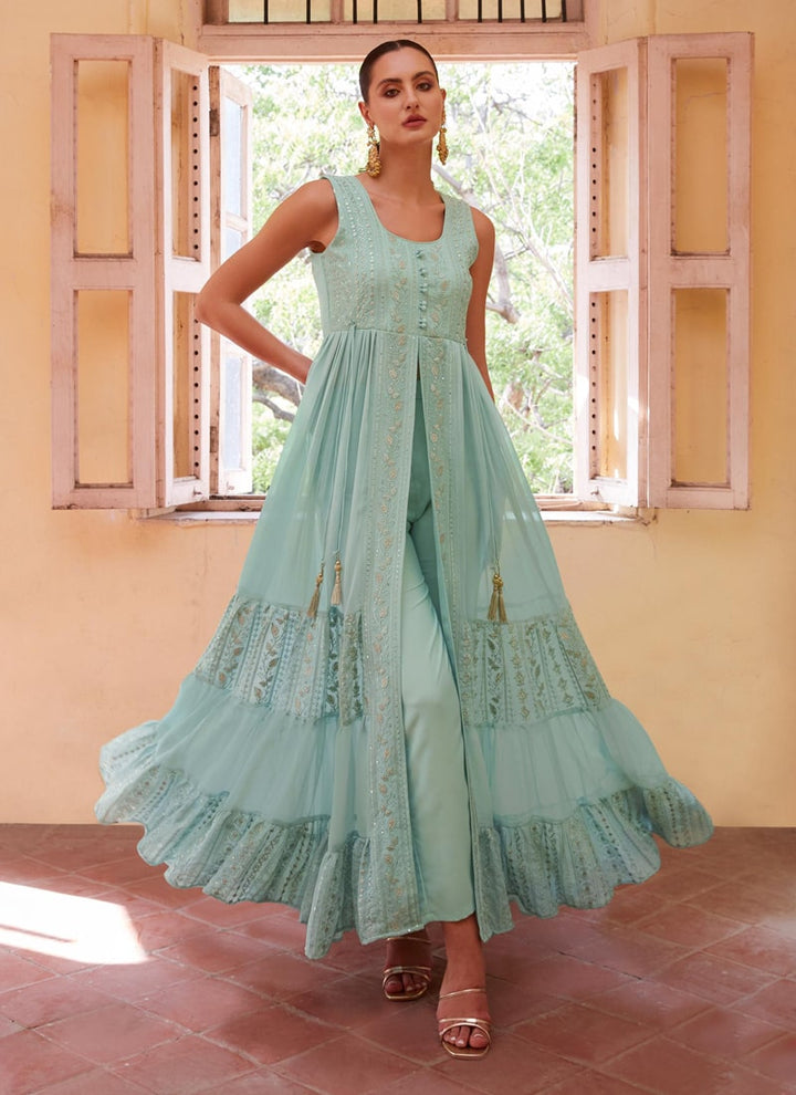 Lassya Fashion Sea green Indowestern Anarkali Suit Thread Zari Sequin Work