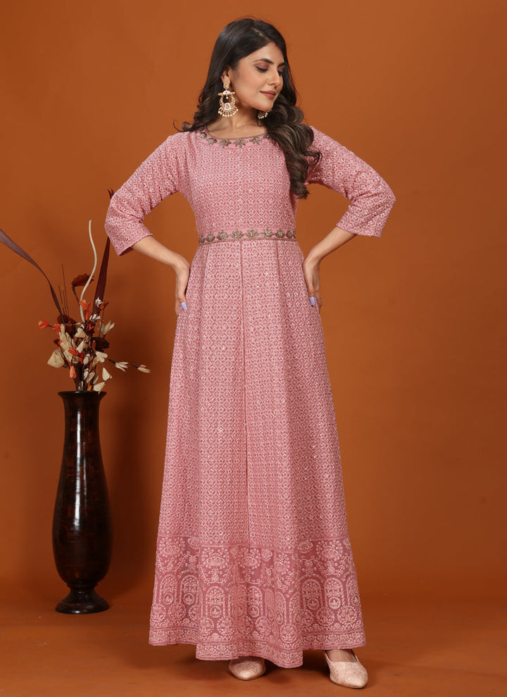 Lassya Fashion Pearl Pink Festive Wear Gown with Embroidered Faux Georgette Dupatta