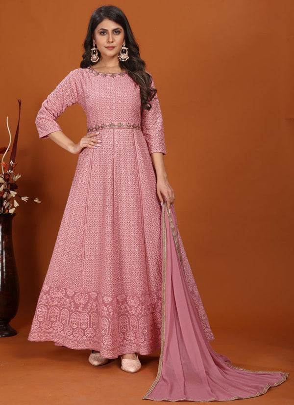 Lassya Fashion Pearl Pink Festive Wear Gown with Embroidered Faux Georgette Dupatta