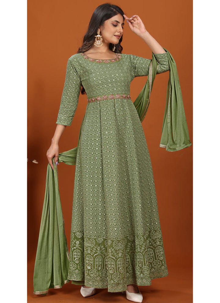 Lassya Fashion Pista green Festive Wear Gown with Embroidered Faux Georgette Dupatta