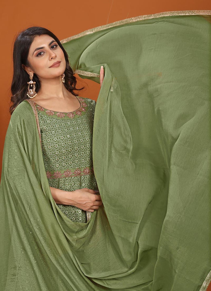 Lassya Fashion Pista green Festive Wear Gown with Embroidered Faux Georgette Dupatta