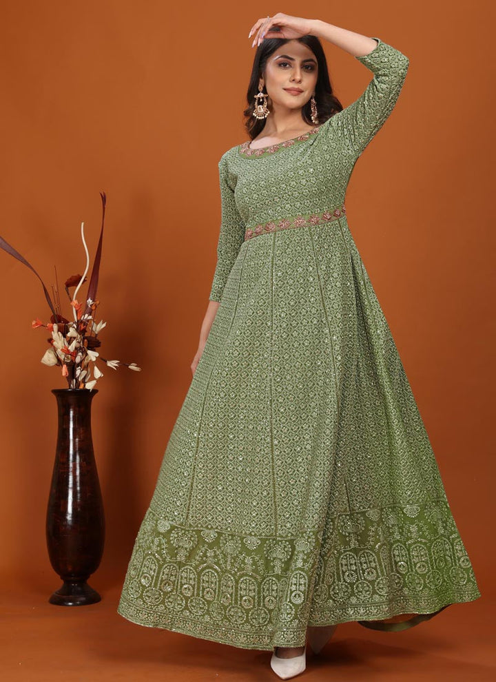 Lassya Fashion Pista green Festive Wear Gown with Embroidered Faux Georgette Dupatta