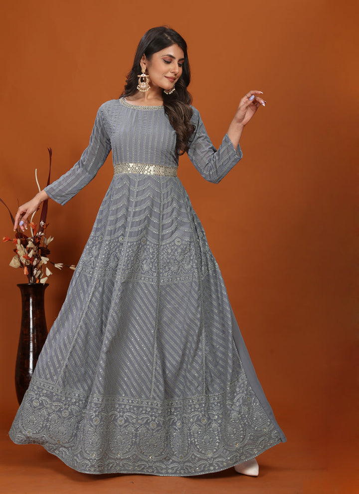 Lassya Fashion Slate Grey Festive Wear Gown with Embroidered Faux Georgette Dupatta