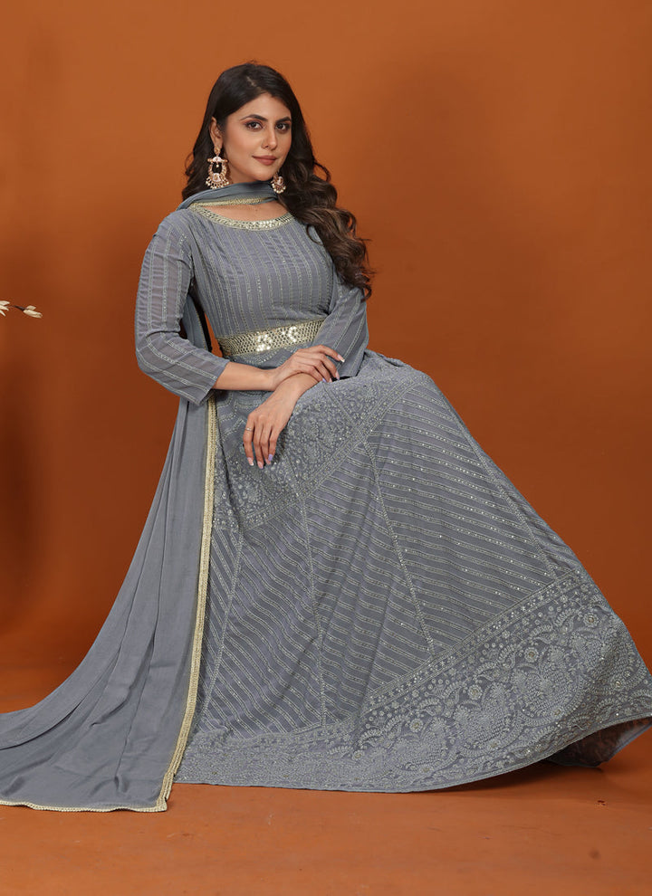 Lassya Fashion Slate Grey Festive Wear Gown with Embroidered Faux Georgette Dupatta