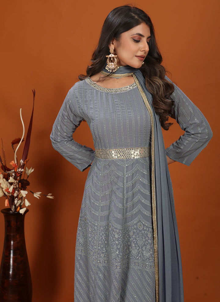 Lassya Fashion Slate Grey Festive Wear Gown with Embroidered Faux Georgette Dupatta