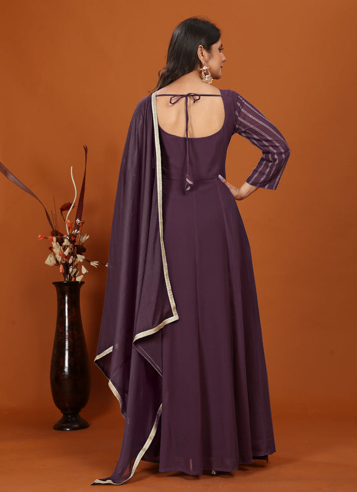 Lassya Fashion Purple Festive Wear Gown with Embroidered Faux Georgette Dupatta