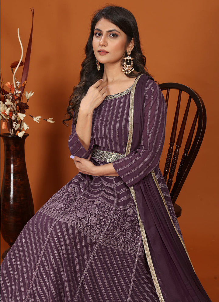 Lassya Fashion Purple Festive Wear Gown with Embroidered Faux Georgette Dupatta