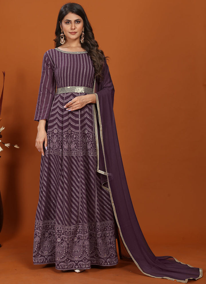 Lassya Fashion Purple Festive Wear Gown with Embroidered Faux Georgette Dupatta