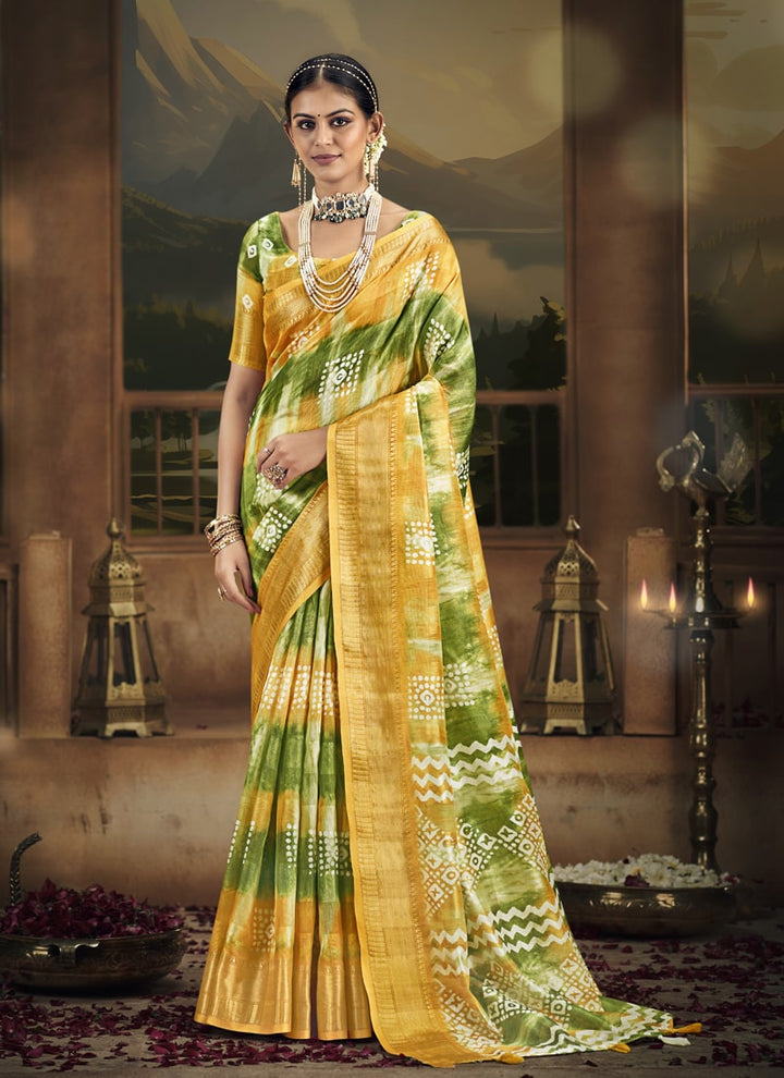 Lassya Fashion Haldi Yelllow Wedding Saree Soft Cotton with Digital Batik Print