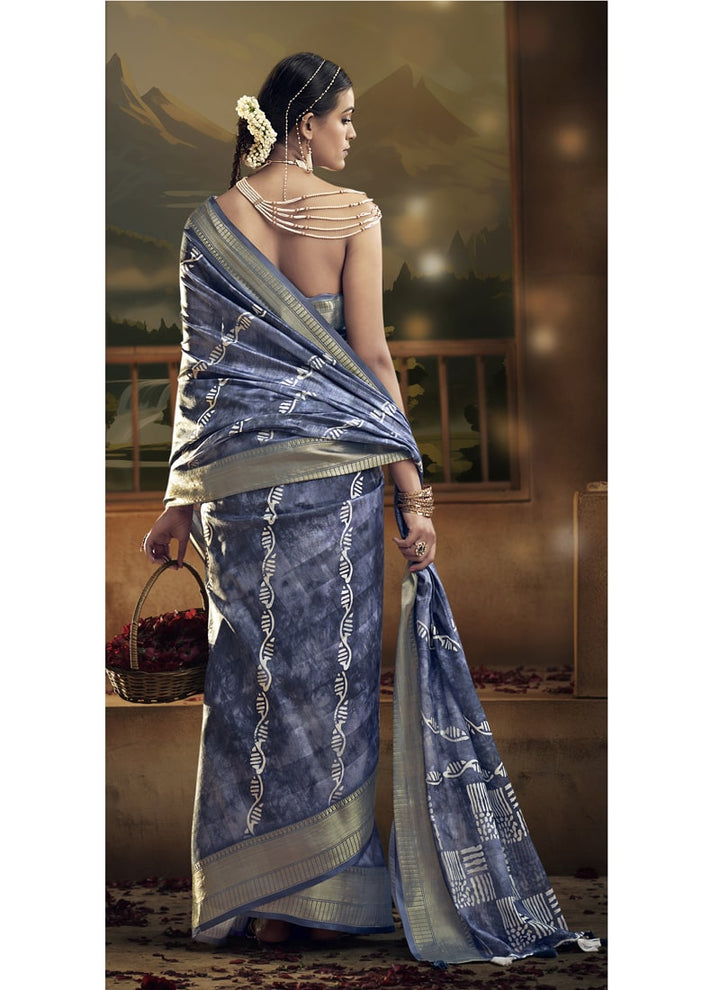 Lassya Fashion Dark Blue Wedding Saree Soft Cotton with Digital Batik Print