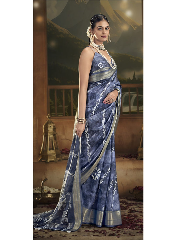 Lassya Fashion Dark Blue Wedding Saree Soft Cotton with Digital Batik Print