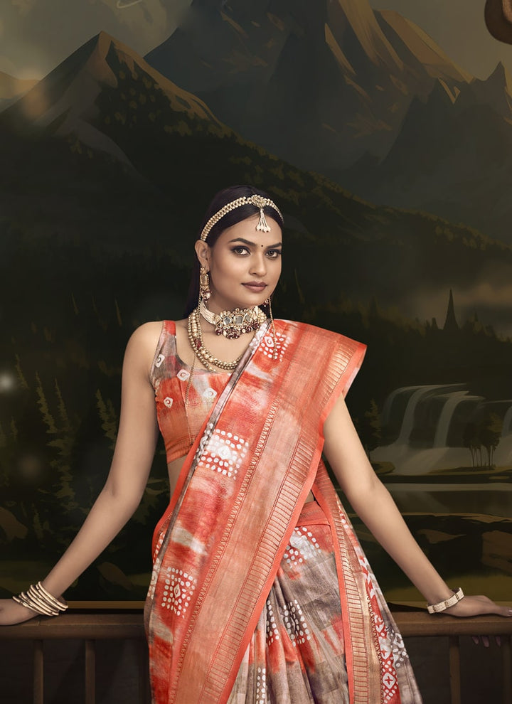 Lassya Fashion Coral orange Wedding Saree Soft Cotton with Digital Batik Print