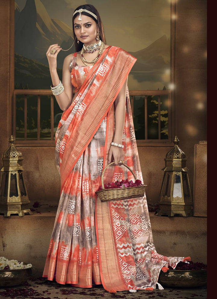 Lassya Fashion Coral orange Wedding Saree Soft Cotton with Digital Batik Print