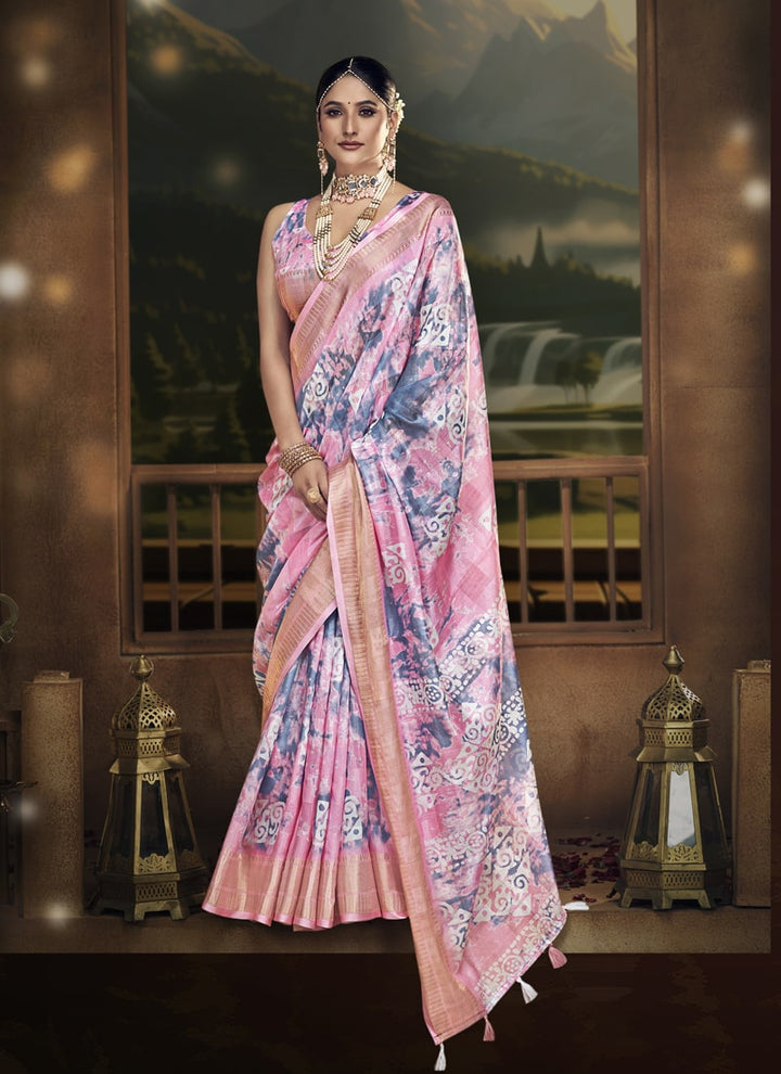 Lassya Fashion Light Pink Wedding Saree Soft Cotton with Digital Batik Print