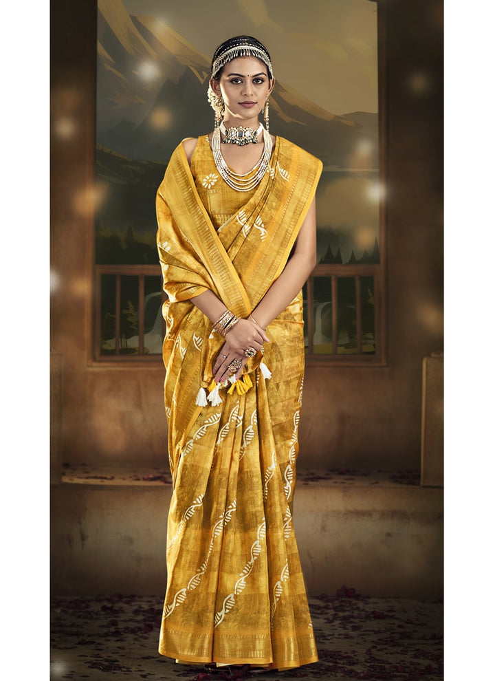 Lassya Fashion Amber Yellow Wedding Saree Soft Cotton with Digital Batik Print