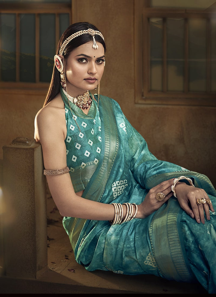 Lassya Fashion Teal green Wedding Saree Soft Cotton with Digital Batik Print