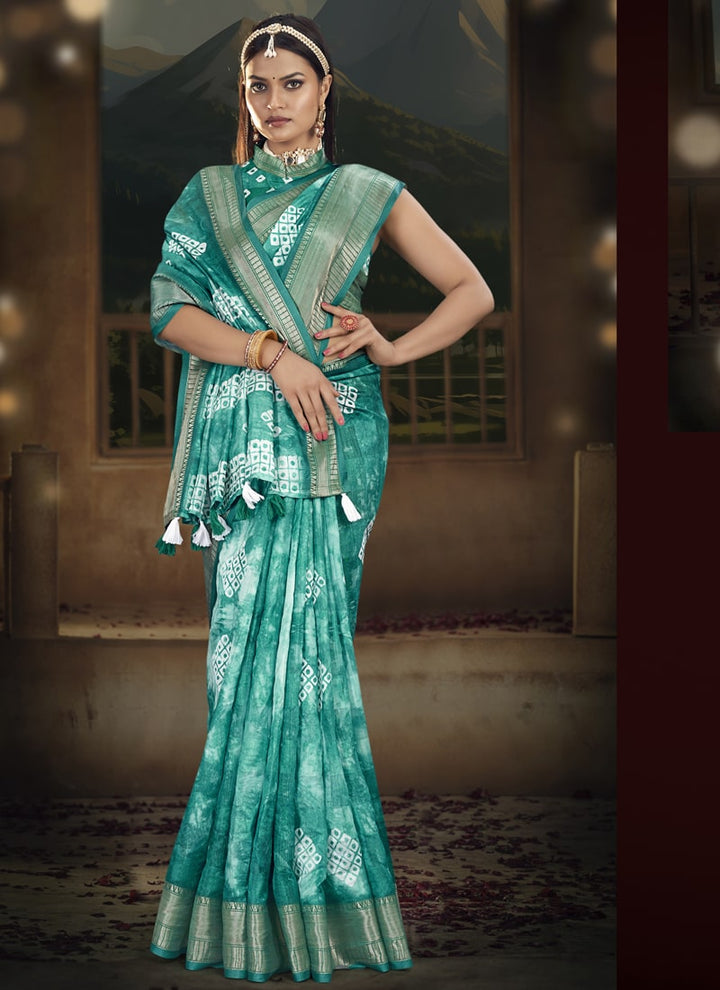 Lassya Fashion Teal green Wedding Saree Soft Cotton with Digital Batik Print