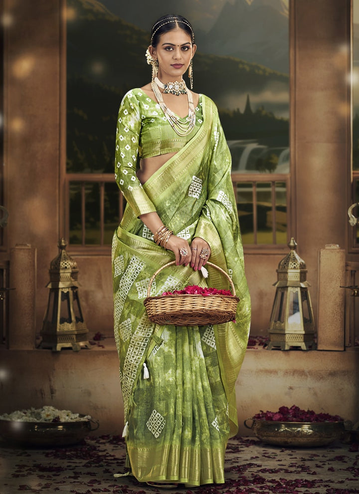 Lassya Fashion Olive Green Wedding Saree Soft Cotton with Digital Batik Print