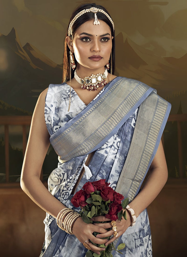 Lassya Fashion Slate grey Wedding Saree Soft Cotton with Digital Batik Print