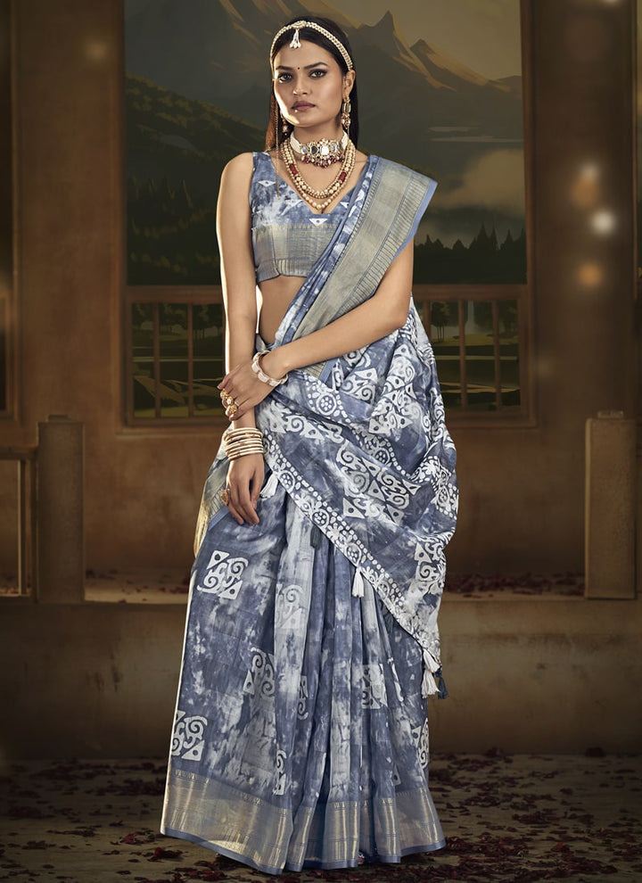 Lassya Fashion Slate grey Wedding Saree Soft Cotton with Digital Batik Print