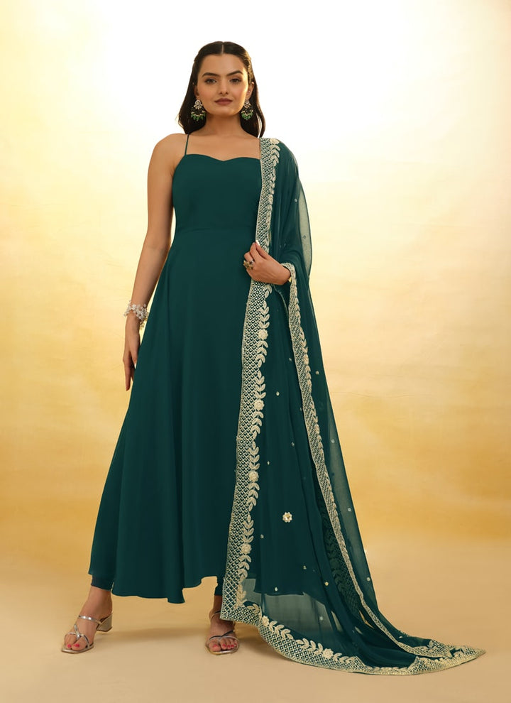 Lassya Fashion Pine Green Embroidered Anarkali Suit Exquisite Detailing Throughout